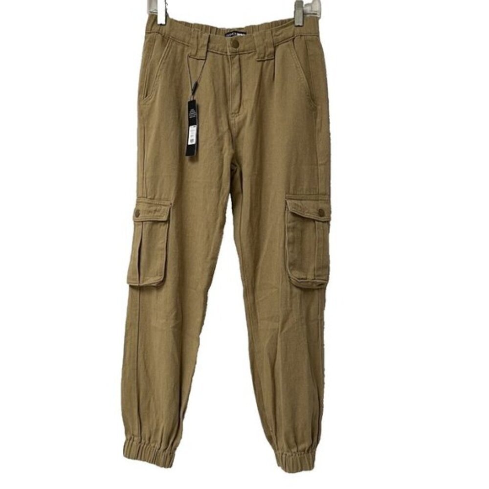 NWT Fashion Nova Jogger Pants Women Small Tan Cotton Cargo Pockets Flat Front